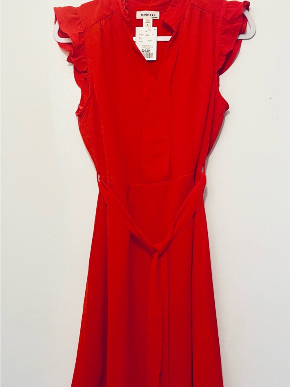 Monteau Girls Red Flutter Sleeve Tie-Waist Dress